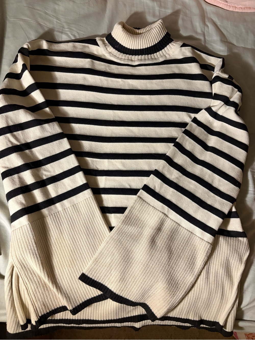 Black & Cream Striped Turtleneck Sweater Cozy Classic Preppy